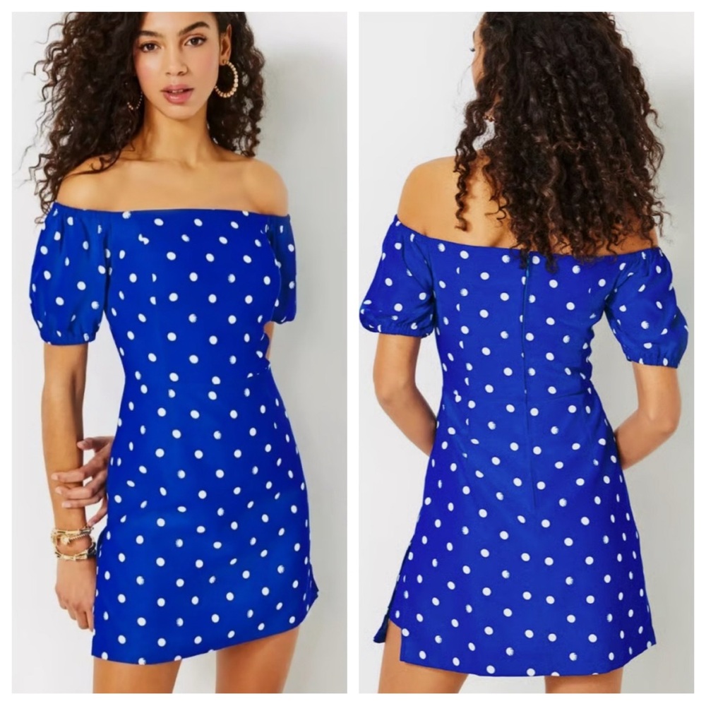 Lilly Pulitzer Jada Polka Dot Puff Sleeve Off Shoulder Romper Dress SZ 12 Blue